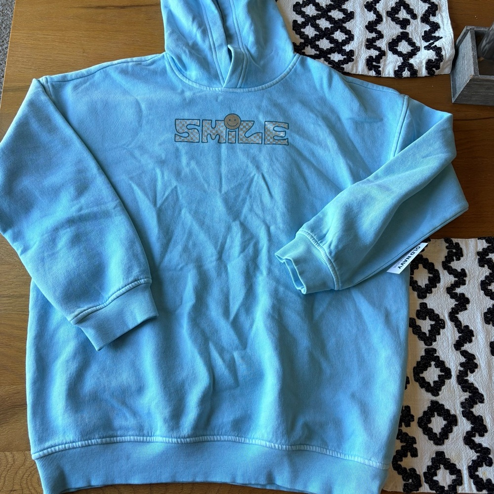 NEW Old Navy Light Blue Garment-Dyed Hoodie Sweatshirt Smile kids girls size XL